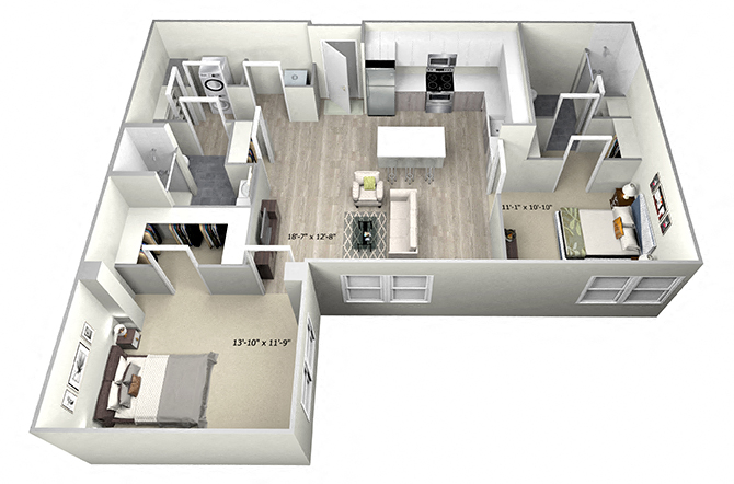 Floor plan for 2 beds, 2 baths, 995 sqft
